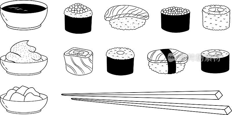 矢量插图的一套寿司，酱汁和筷子突出在一个白色的背景。传统的日本料理。一瓶酱油，一双筷子，握寿司，tamago, lamamaki,futomaki。